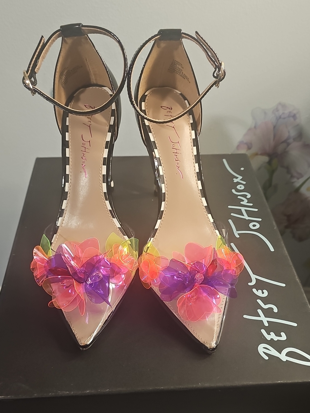 Betsey Johnson Black Ankle-Strap Heels with Neon Floral Embellishments